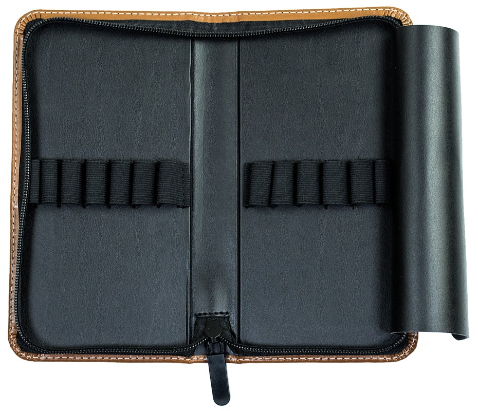 Preview: Federmappe mit Reißverschluß für 13 Schreibgeräte CAMBRIDGE Top Grain Rindspaltleder mit heller Kontrastnaht hellbraun