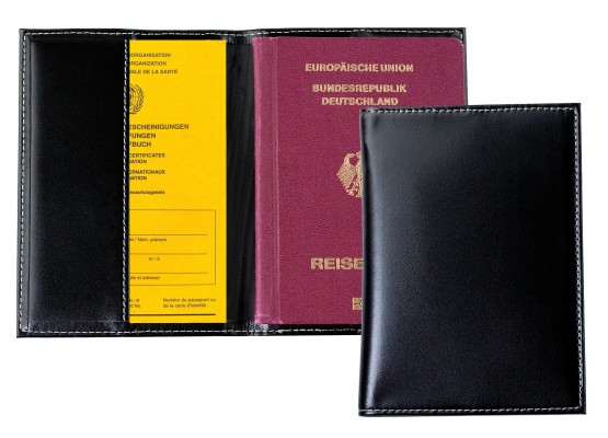Reisepass / Impfausweis Etui CAMBRIDGE Top Grain Rindspaltleder mit heller Kontrastnaht schwarz