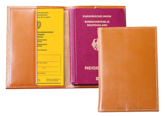 Reisepass / Impfausweis Etui CAMBRIDGE Top Grain Rindspaltleder mit heller Kontrastnaht hellbraun