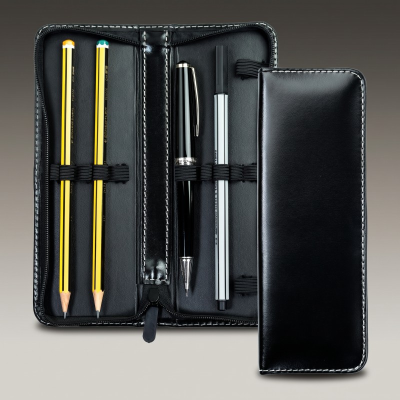 Lehrer Stifteetui mit Reißverschluss 10 + 2 - CAMBRIDGE Top Grain Leder - schwarz
