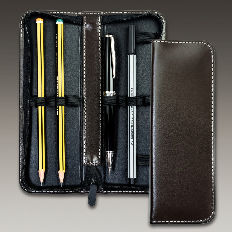 Lehrer Stifteetui mit Reißverschluss 10 + 2 - CAMBRIDGE Top Grain Leder - dunkelbraun
