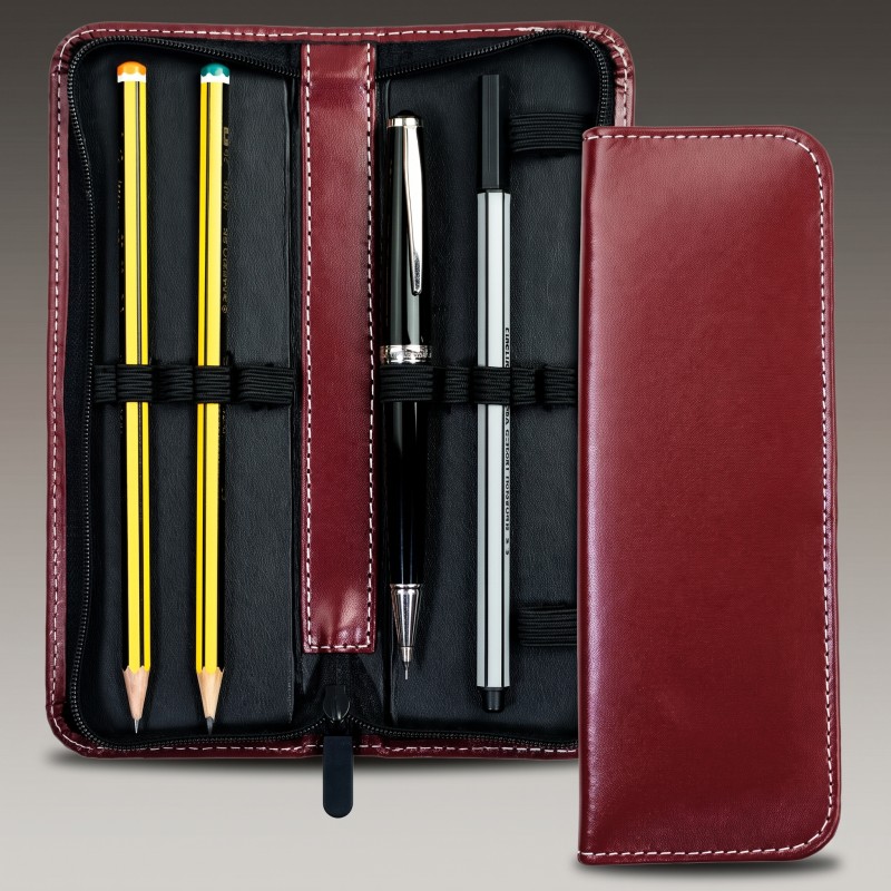 Lehrer Stifteetui mit Reißverschluss 10 + 2 - CAMBRIDGE Top Grain Leder - rot