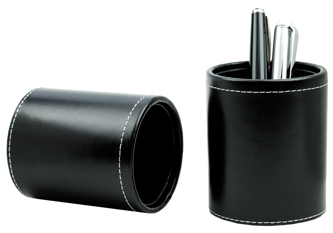 Stifteköcher rund CAMBRIDGE Top Grain Rindspaltleder mit heller Kontrastnaht schwarz