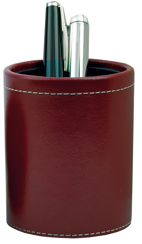 Stifteköcher rund CAMBRIDGE Top Grain Rindspaltleder mit heller Kontrastnaht rot Format ca. 7,5 x 9 cm hoch