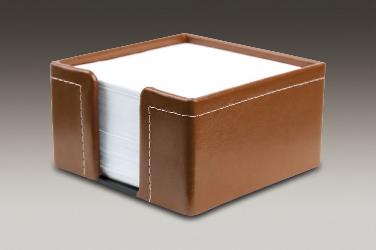 Zettelkasten mit 500 Blatt Papier CAMBRIDGE Top Grain Rindspaltleder mit heller Kontrastnaht hellbraun