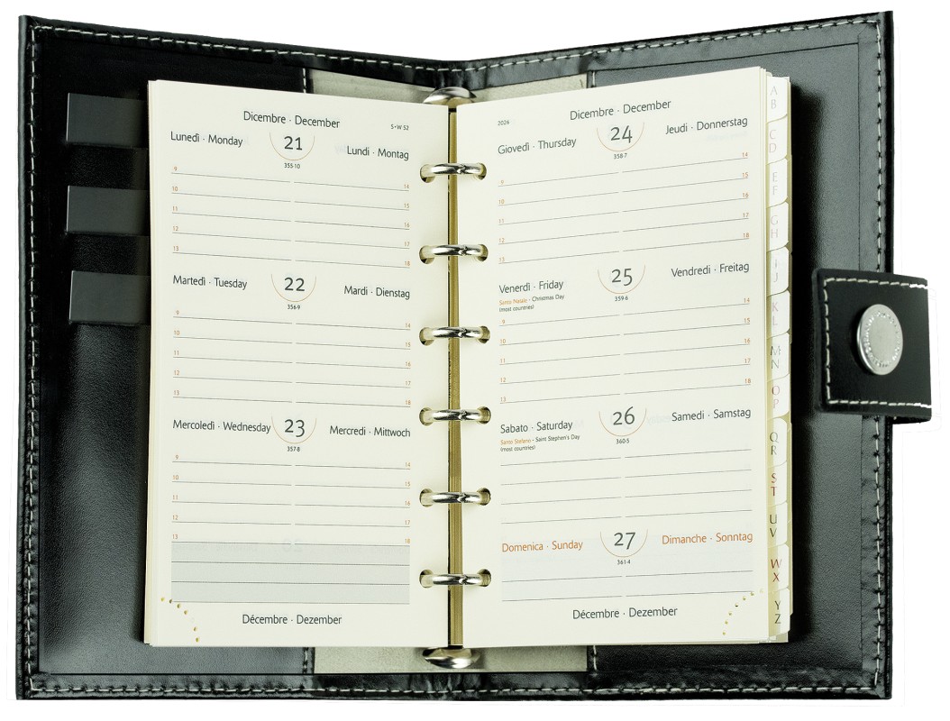 Pocket Design Diary Mini für das Jahr 2026, Cambridge Top Grain Leder, schwarz