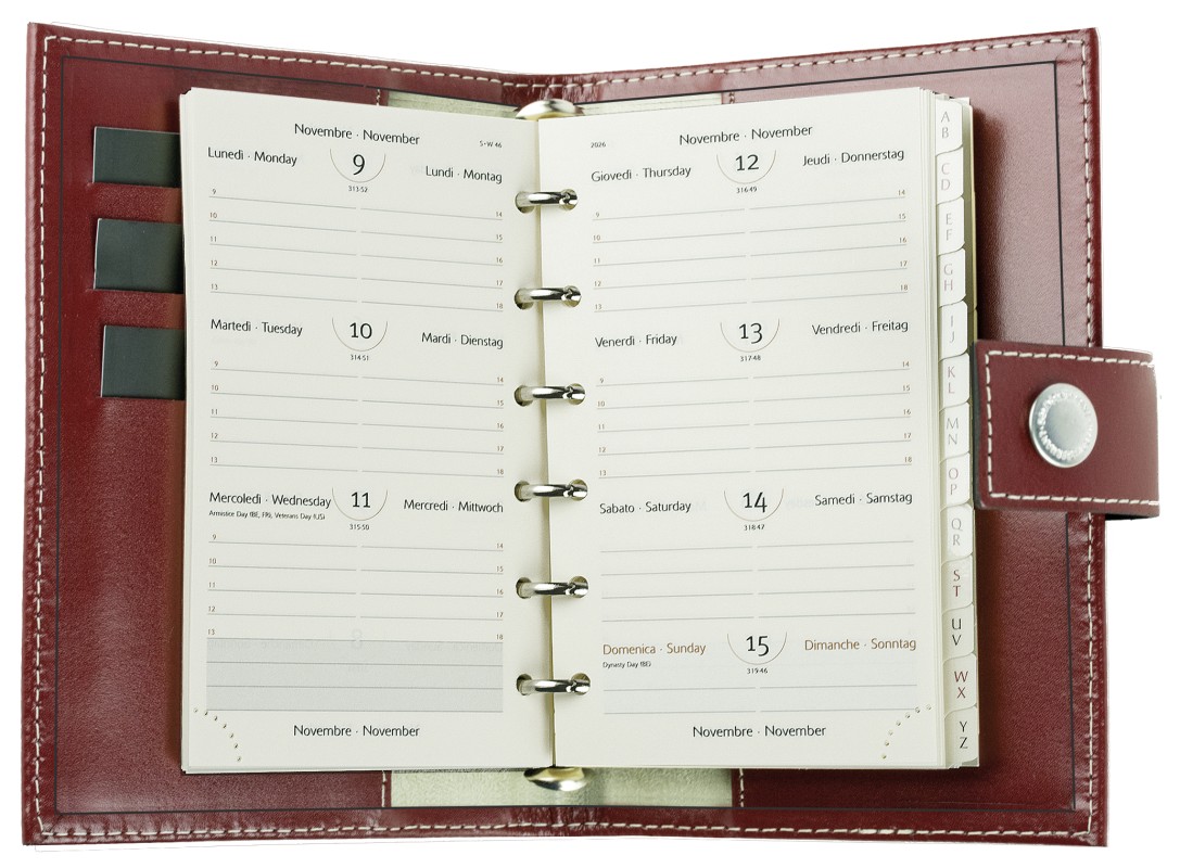 Pocket Design Diary Mini für das Jahr 2026, Cambridge Top Grain Leder, rot