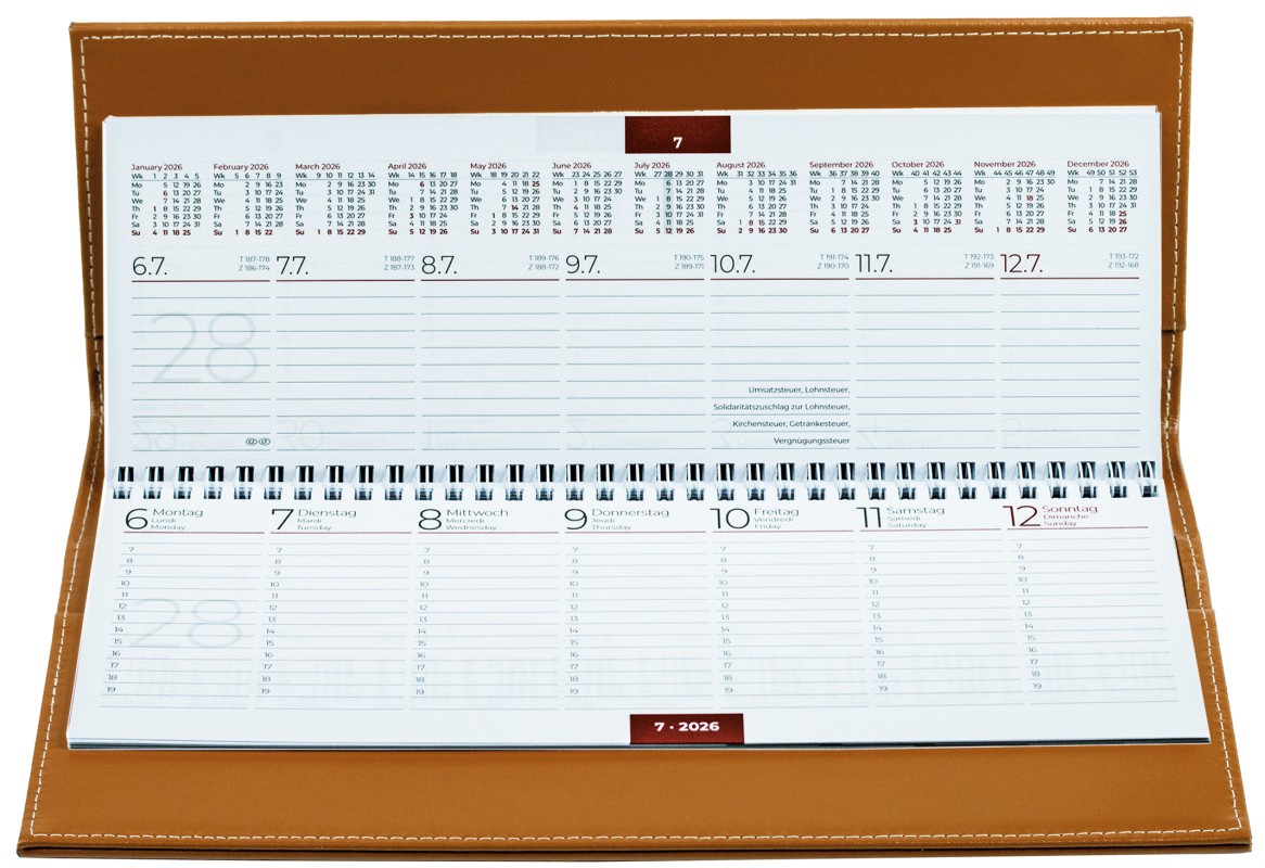 Tischquerkalender (auswechselbar) für 2027 - Cambridge Top Grain Leder hellbraun