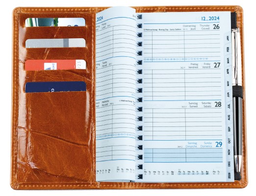 Taschenkalender mit Spiralbindung 2025 + 2026 in PREMIUM LEDER CROCO braun