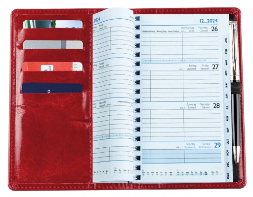 Taschenkalender mit Spiralbindung 2025 + 2026 in PREMIUM LEDER CROCO rot