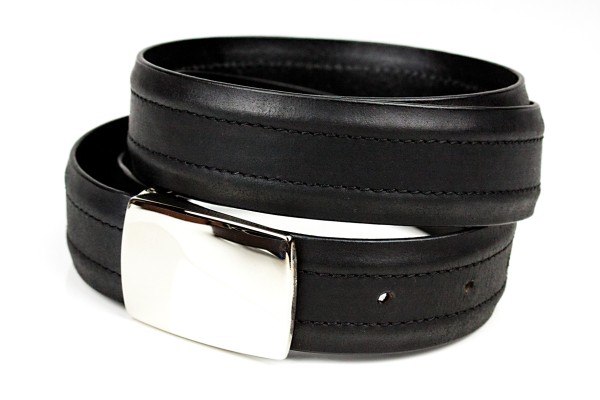 Ledergürtel PREMIUM Vollrindleder bombiert schwarz in 3cm Breite mit silber polierter Klemmschliesse