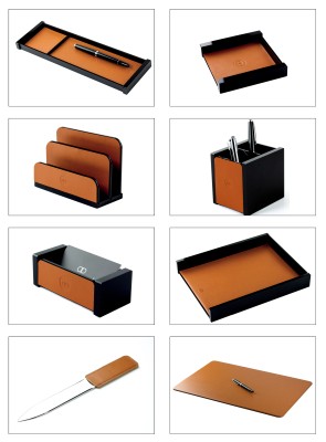 Schreibtisch Set "BOSTON" 8-teilig Kombination Acryl schwarz mit PREMIUM LEDER BOXCALF cuoiobraun