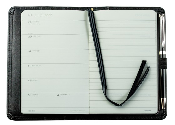 Pocket Kalenderbuch DIN A6 2026 PREMIUM LEDER BOXCALF schwarz (glatt)