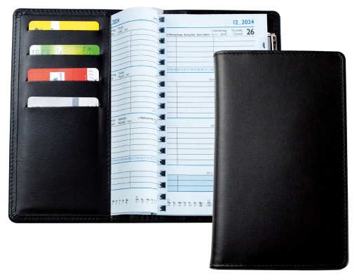 Taschenkalender mit Spiralbindung 2025 + 2026 in PREMIUM LEDER BOXCALF schwarz (glatt)