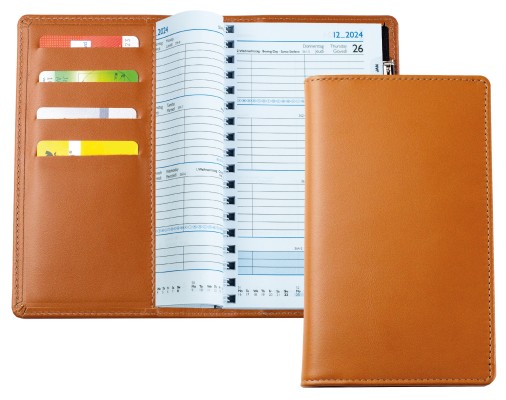 Taschenkalender mit Spiralbindung 2025 + 2026 in PREMIUM LEDER BOXCALF cuoiobraun (glatt)