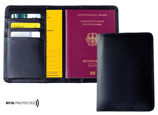 Reisepass / Impfausweis Etui  PREMIUM LEDER BOXCALF schwarz (glatt) - RFID Protected