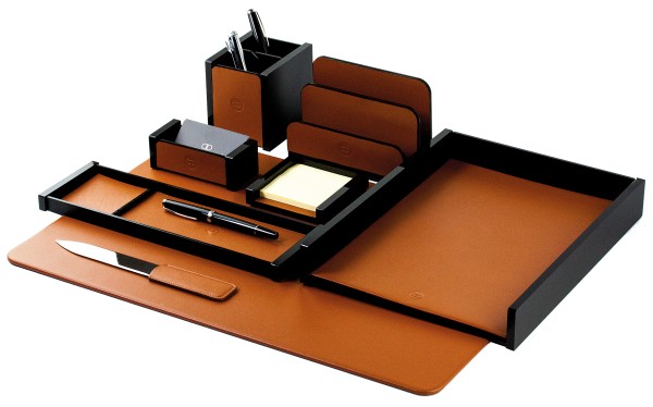 Schreibtisch Set "BOSTON" 8-teilig Kombination Acryl schwarz mit PREMIUM LEDER BOXCALF cuoiobraun