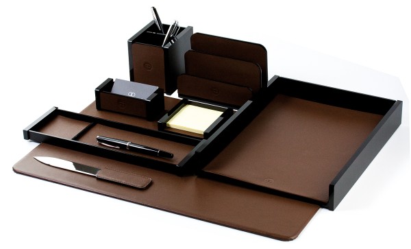 Schreibtisch Set "BOSTON" 8-teilig Kombination Acryl schwarz mit PREMIUM LEDER BOXCALF dunkelbraun