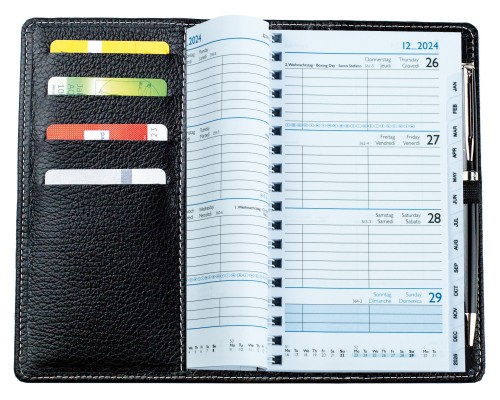 Taschenkalender mit Spiralbindung 2025 + 2026 in PREMIUM LEDER SOFT GRAIN schwarz (genarbt)