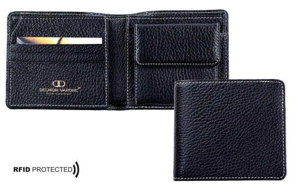 Herrenbörse mit Münz-u. Scheinfach PREMIUM LEDER SOFTGRAIN (genarbt) schwarz - RFID Protected