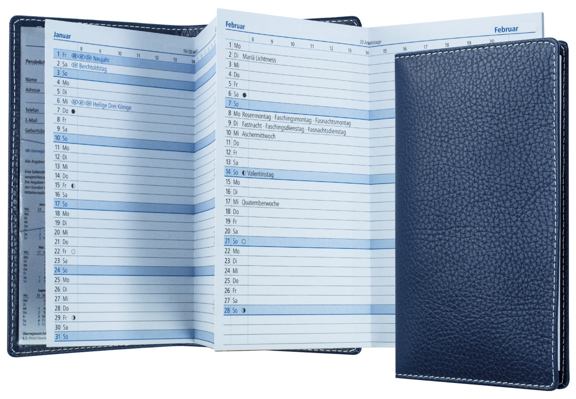 Leporello Faltkalender deutsch 2027 PREMIUM LEDER SOFT GRAIN blau (genarbt)