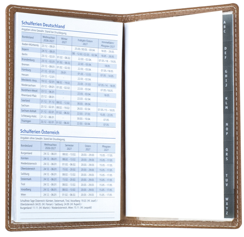 Leporello Faltkalender deutsch 2027 PREMIUM LEDER SOFT GRAIN hellbraun (genarbt)