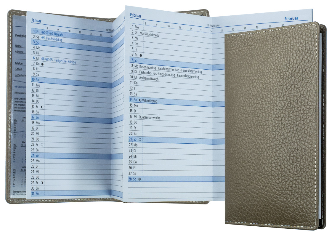 Leporello Faltkalender deutsch 2027 PREMIUM LEDER SOFT GRAIN taupe (genarbt)