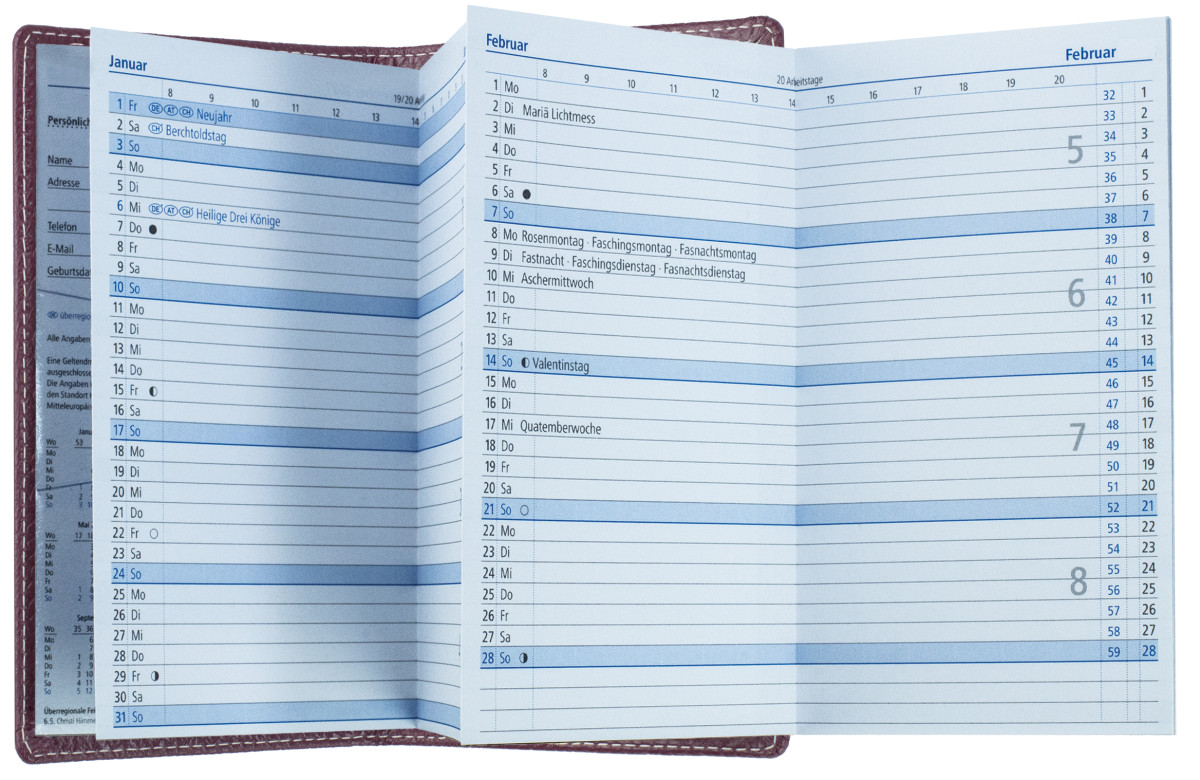 Leporello Faltkalender deutsch 2027 PREMIUM LEDER SOFT GRAIN aubergine (genarbt)