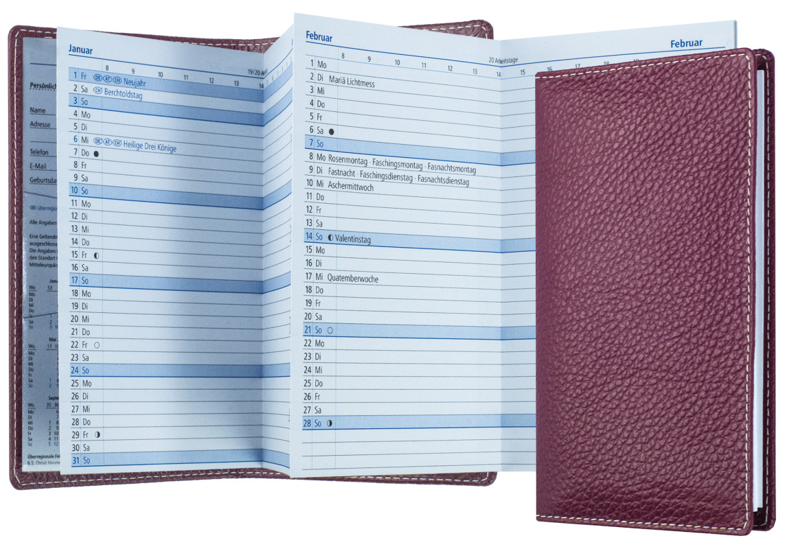 Leporello Faltkalender deutsch 2027 PREMIUM LEDER SOFT GRAIN aubergine (genarbt)