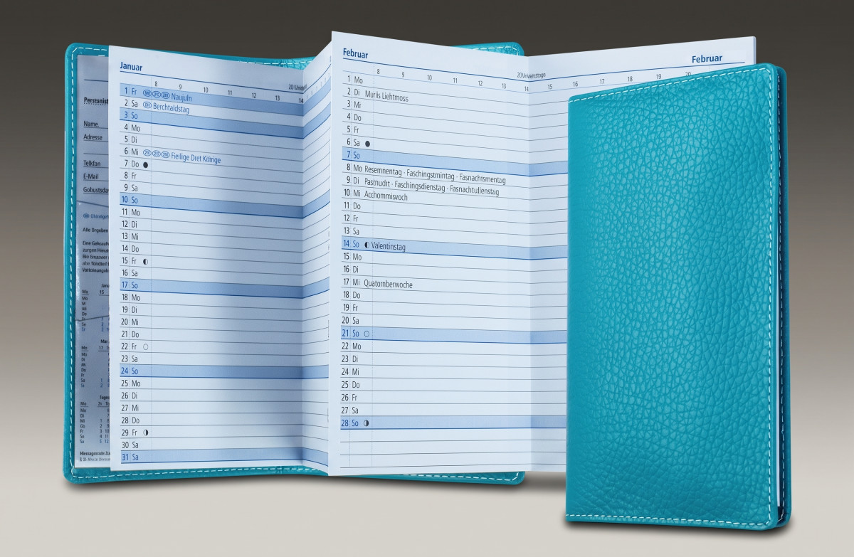 Leporello Faltkalender deutsch 2027 PREMIUM LEDER SOFT GRAIN türkis (genarbt)