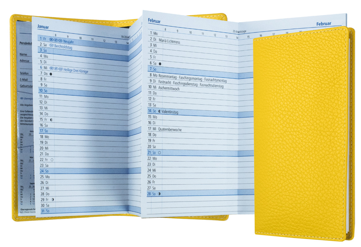 Leporello Faltkalender deutsch 2027 PREMIUM LEDER SOFT GRAIN gelb (genarbt)