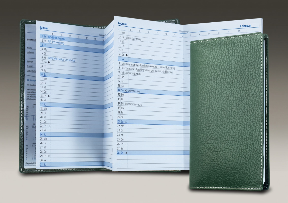 Leporello Faltkalender deutsch 2027 PREMIUM LEDER SOFT GRAIN grün (genarbt)