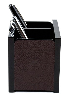 Stifteköcher DUO - ACRYL schwarz Kombination mit PREMIUM LEDER SOFTGRAIN dunkelbraun (genarbt)