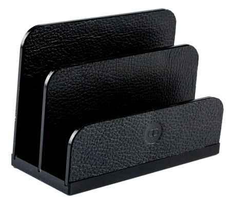 Briefständer - ACRYL schwarz Kombination mit PREMIUM LEDER SOFTGRAIN schwarz (genarbt)