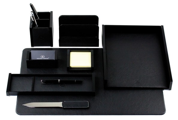 Schreibtisch Set "BOSTON" 8-teilig Kombination Acryl schwarz mit PREMIUM LEDER SOFTGRAIN schwarz