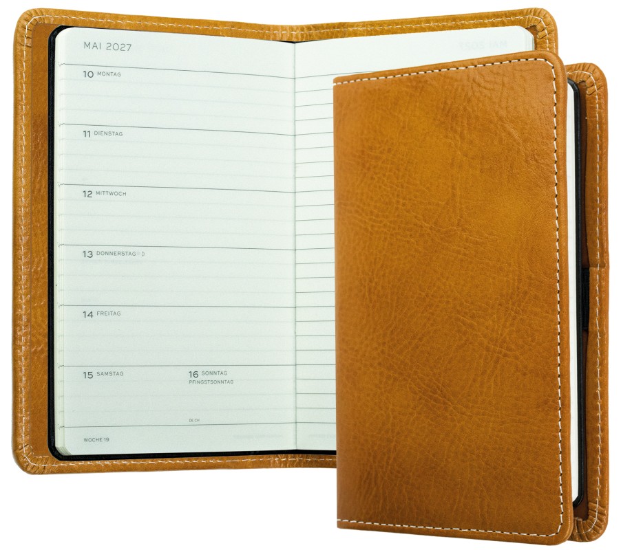 Pocket Kalenderbuch DIN A6 2027 PREMIUM LEDER VINTAGE Anilin cuoiobraun