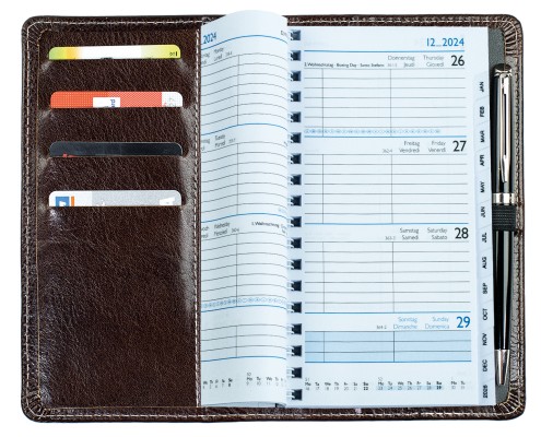 Taschenkalender mit Spiralbindung 2025 + 2026 in PREMIUM LEDER VINTAGE Anilin marronebraun