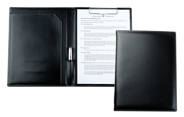 Klemmbrettmappe DIN A4 mit Blockklemme in CAMBRIDGE Top Grain Rindspaltleder mit heller Kontrastnaht schwarz