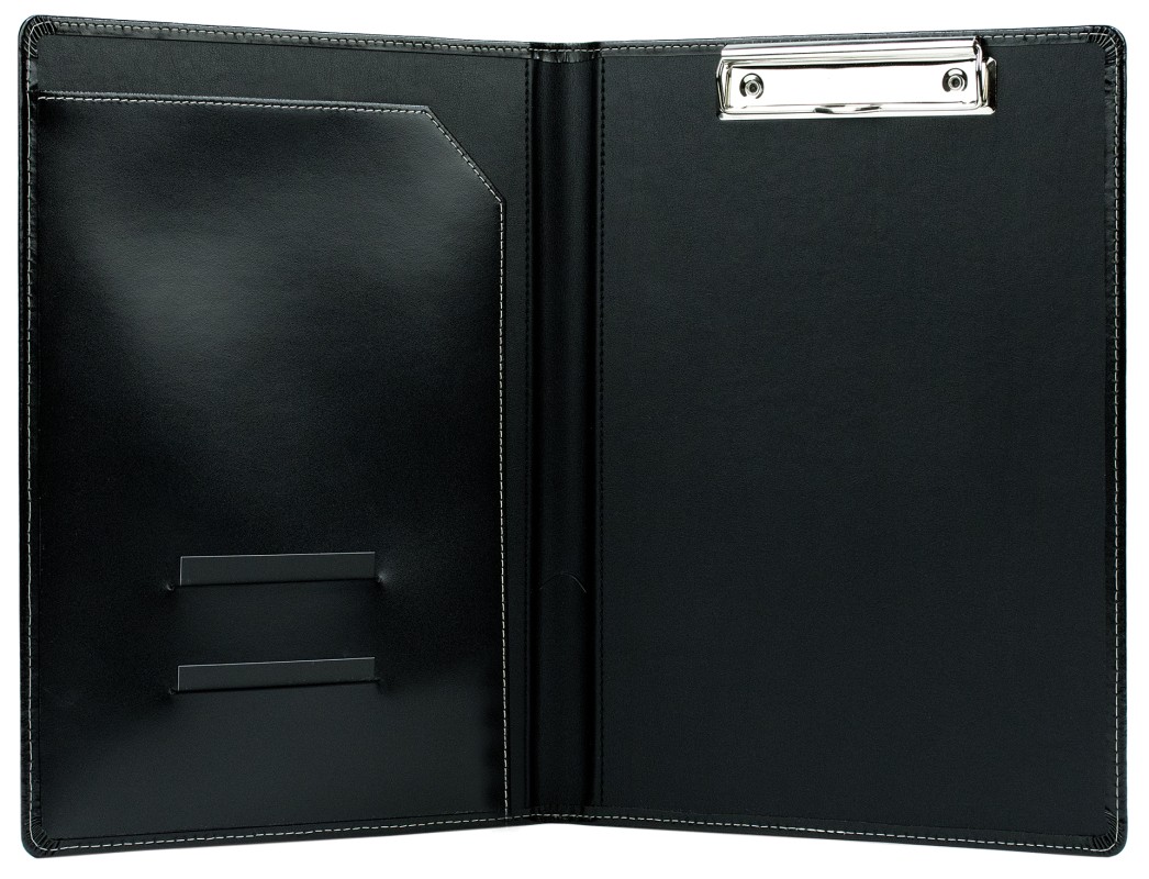 Klemmbrettmappe DIN A4 mit Blockklemme in CAMBRIDGE Top Grain Rindspaltleder mit heller Kontrastnaht schwarz