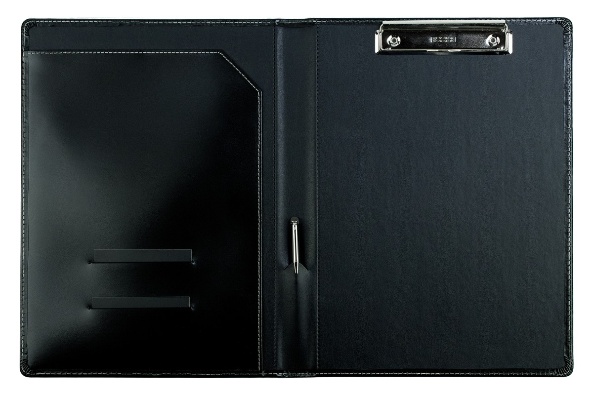 Klemmbrettmappe DIN A4 mit Blockklemme in CAMBRIDGE Top Grain Rindspaltleder mit heller Kontrastnaht schwarz