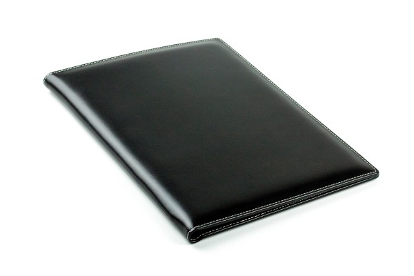 Klemmbrettmappe DIN A4 mit Blockklemme in CAMBRIDGE Top Grain Rindspaltleder mit heller Kontrastnaht schwarz