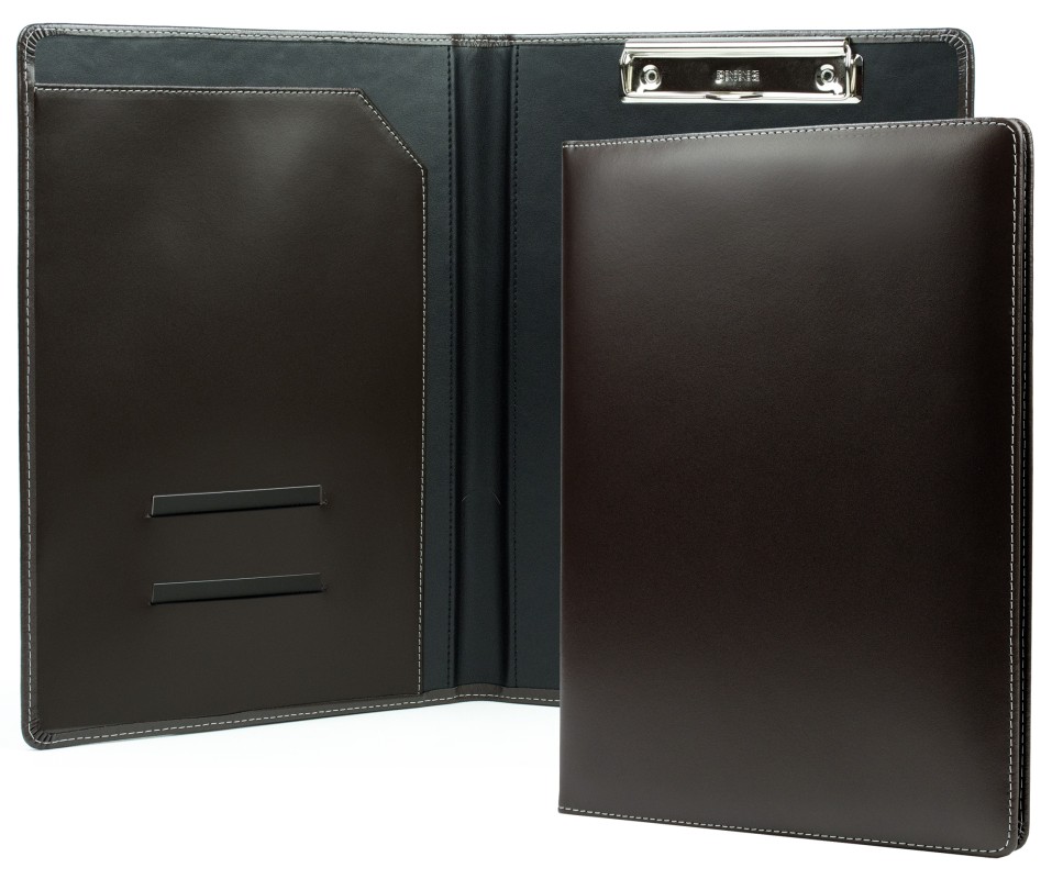 Klemmbrettmappe DIN A4 mit Blockklemme in CAMBRIDGE Top Grain Rindspaltleder mit heller Kontrastnaht dunkelbraun