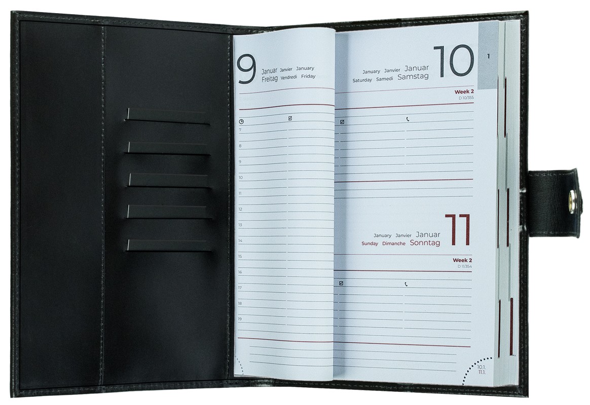 Buchkalender (auswechselbar) DIN A5 für 2026 + 2027, Cambridge Top Grain Leder, schwarz