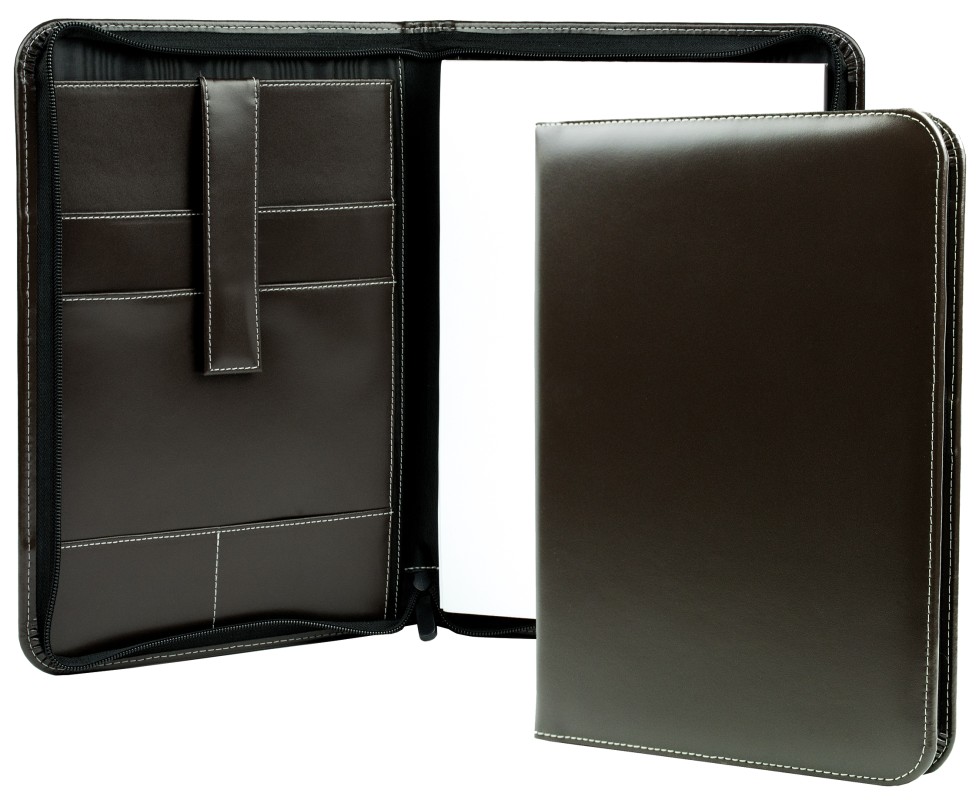 Reißverschluss Schreibmappe DIN A4, incl. Memoblock CAMBRIDGE Top Grain Rindleder dunkelbraun