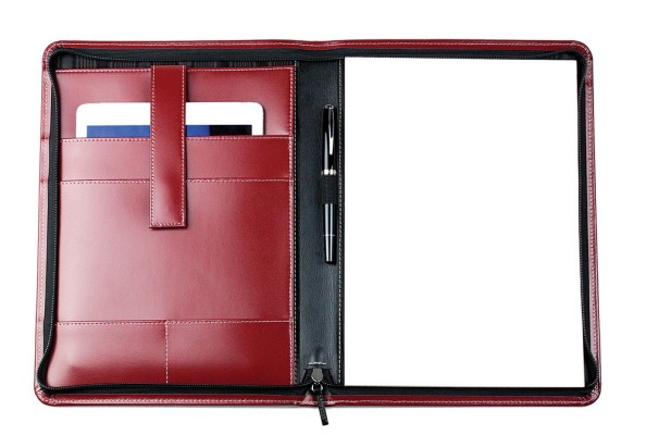 Reißverschluss Schreibmappe DIN A4, incl. Memoblock CAMBRIDGE Top Grain Rindleder rot