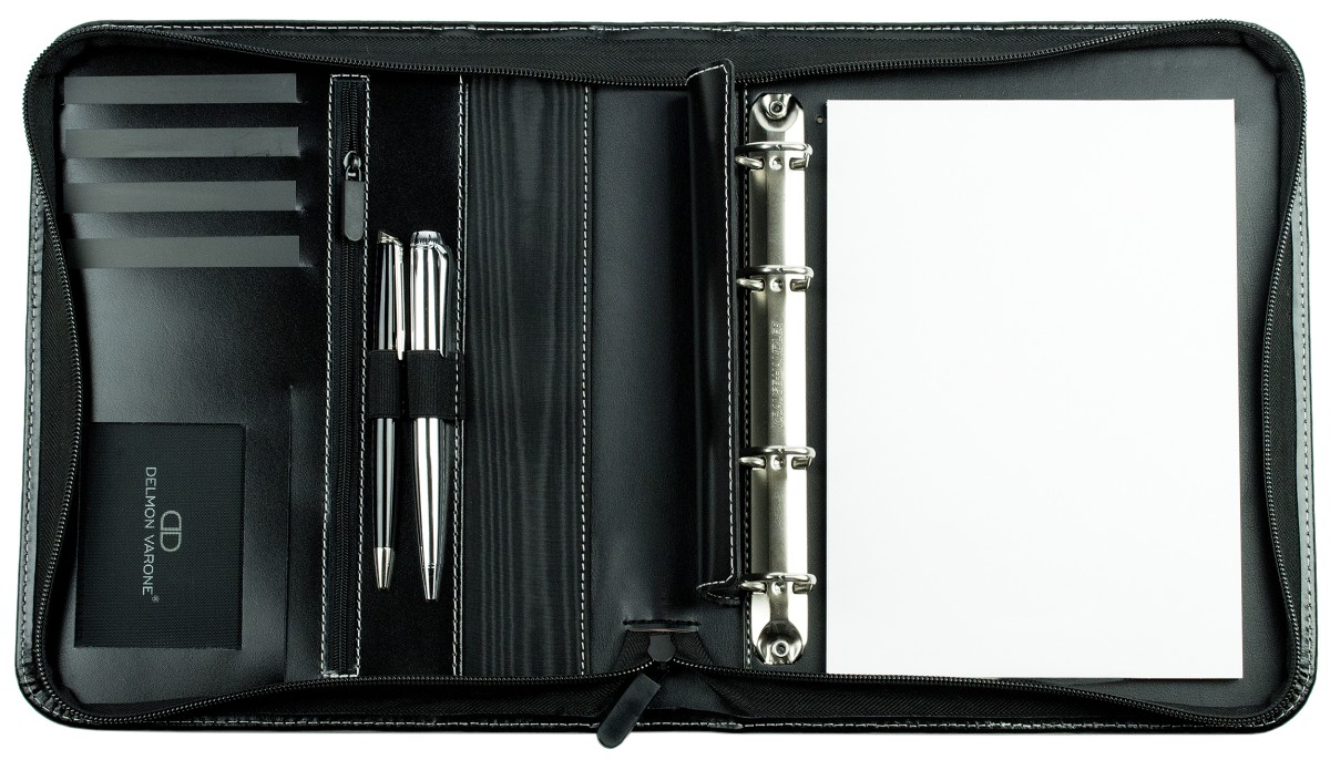 RV-Ringbuch DIN A5, incl. Memoblock, 4-Ring-25mm-Combimechanik CAMBRIDGE Top Grain Rindspaltleder mit heller Kontrastnaht schwarz