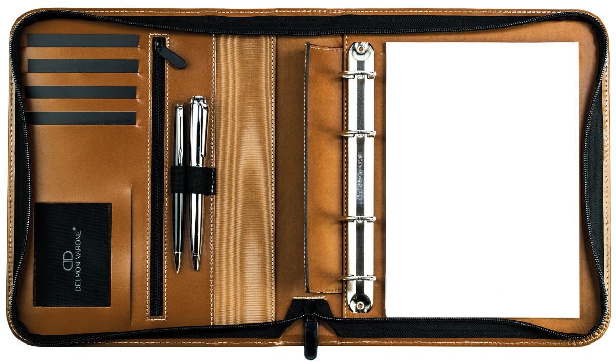 RV-Ringbuch DIN A5, incl. Memoblock, 4-Ring-25mm-Combimechanik CAMBRIDGE Top Grain Rindspaltleder mit heller Kontrastnaht hellbraun