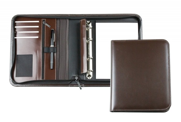 Design Ringbuch DIN A5, incl. Memoblock, 4-Ring-25mm-Combimechanik CAMBRIDGE Top Grain Rindspaltleder mit heller Kontrastnaht dunkelbraun