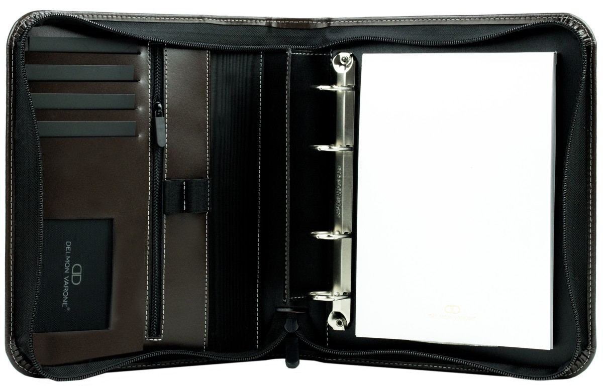 RV-Ringbuch DIN A5, incl. Memoblock, 4-Ring-25mm-Combimechanik CAMBRIDGE Top Grain Rindspaltleder mit heller Kontrastnaht dunkelbraun