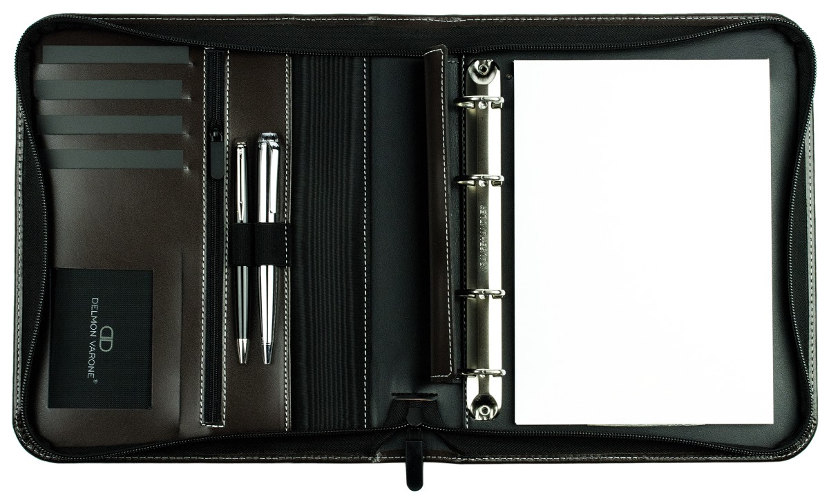 RV-Ringbuch DIN A5, incl. Memoblock, 4-Ring-25mm-Combimechanik CAMBRIDGE Top Grain Rindspaltleder mit heller Kontrastnaht dunkelbraun